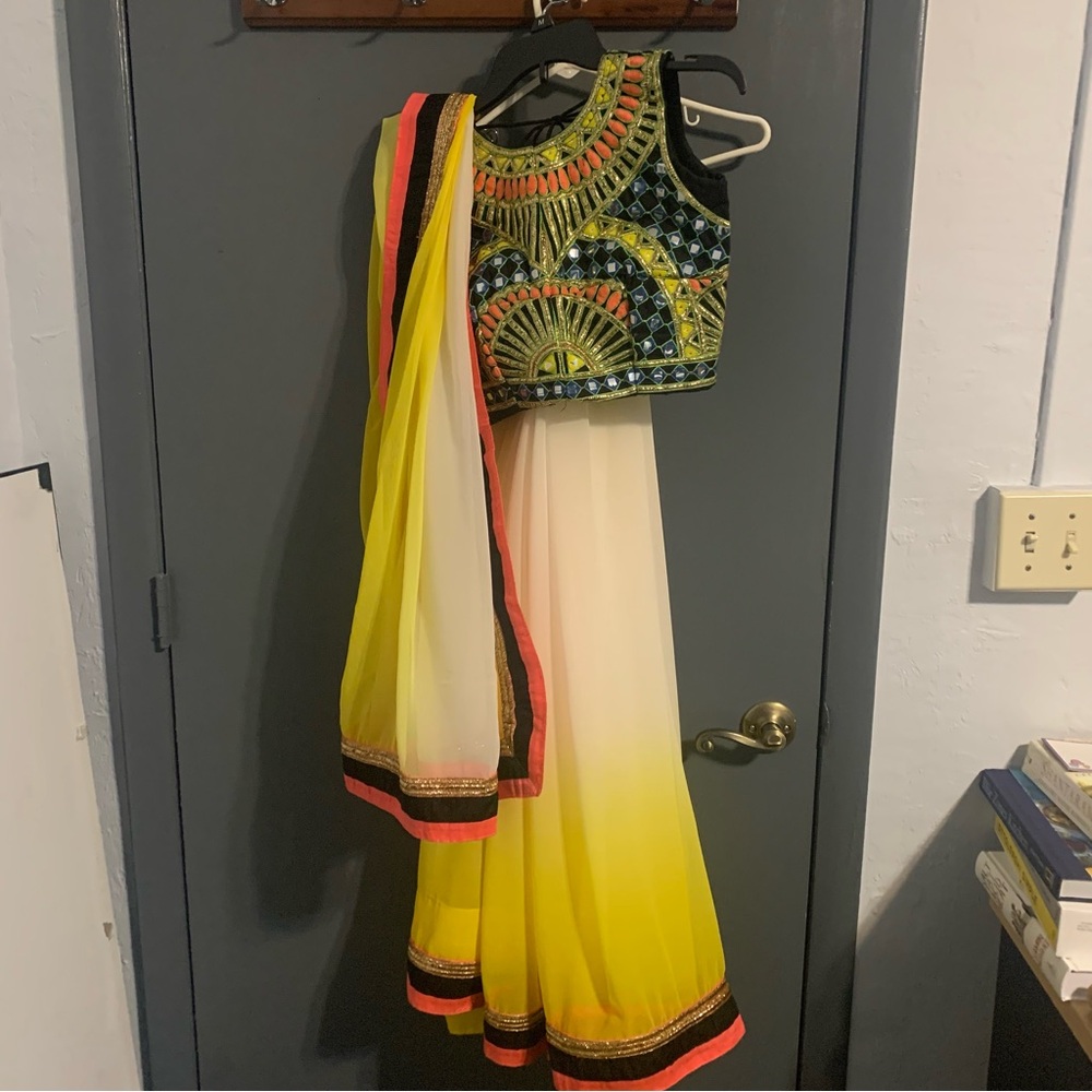 Yellow, Cream, Coral Sari/Saree with Black and Blue detail and gold embroidery